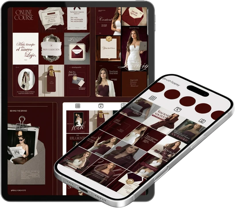 Colección Luxe Art: plantillas burdeos y vino en una tablet y un teléfono