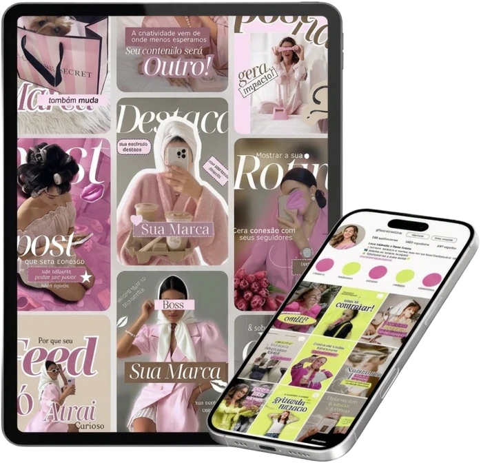 Colección Pretty Canva: plantillas rosas y chic en una tablet y un teléfono