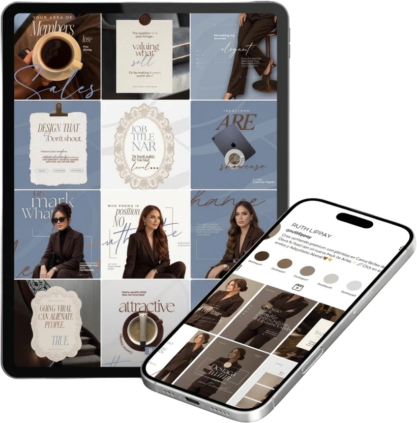 Colección Iconic Luxury: plantillas neutras y espresso en una tablet y un teléfono